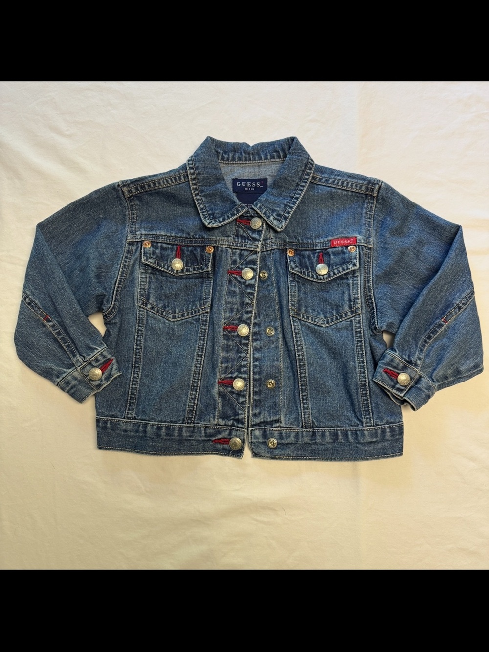 Vintage 90s Guess Size 4 Medium Wash Denim Trucker Jacket Red Stitch Accents
